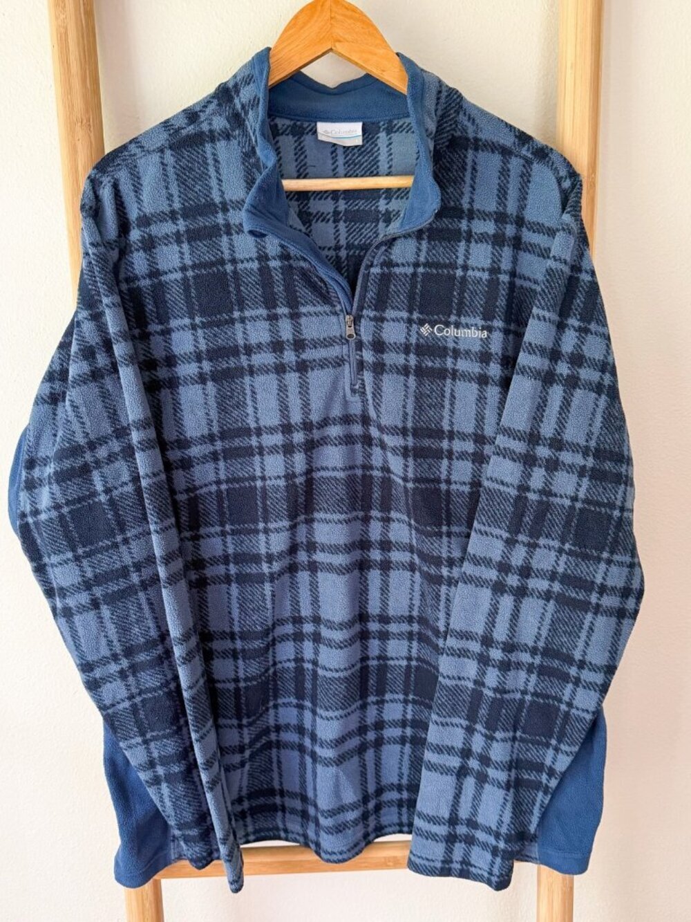 Columbia Plaid Fleece Pullover Quarter Zip Jacket Sweatshirt Blue Size Large